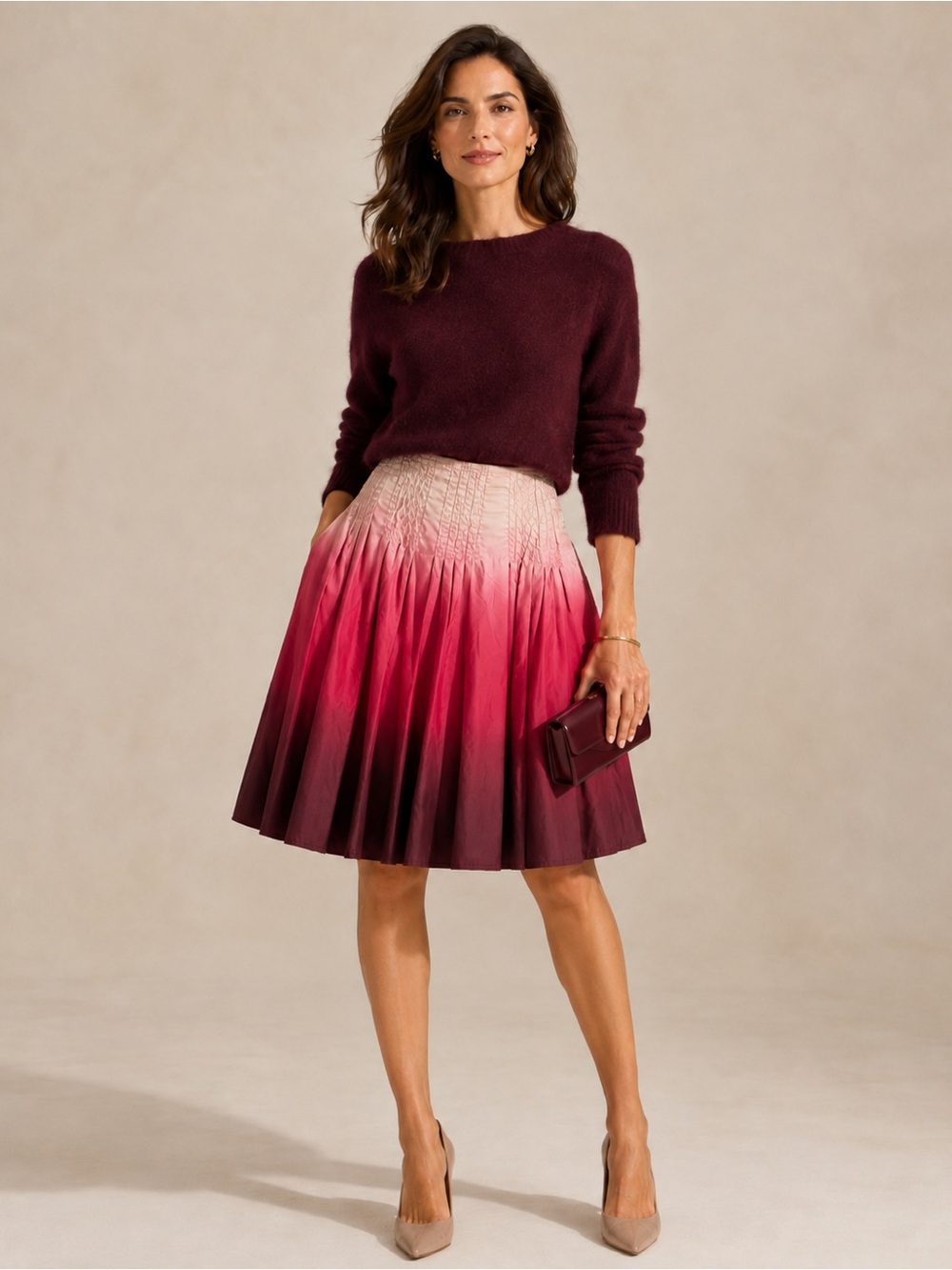 Jones New York Ombre Pink to Burgundy Pleated Skirt | size 10